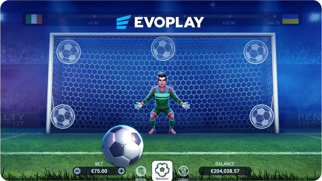 Captura oficial do Penalty Shoot Out da Evoplay com o gol, o goleiro e as zonas de chute